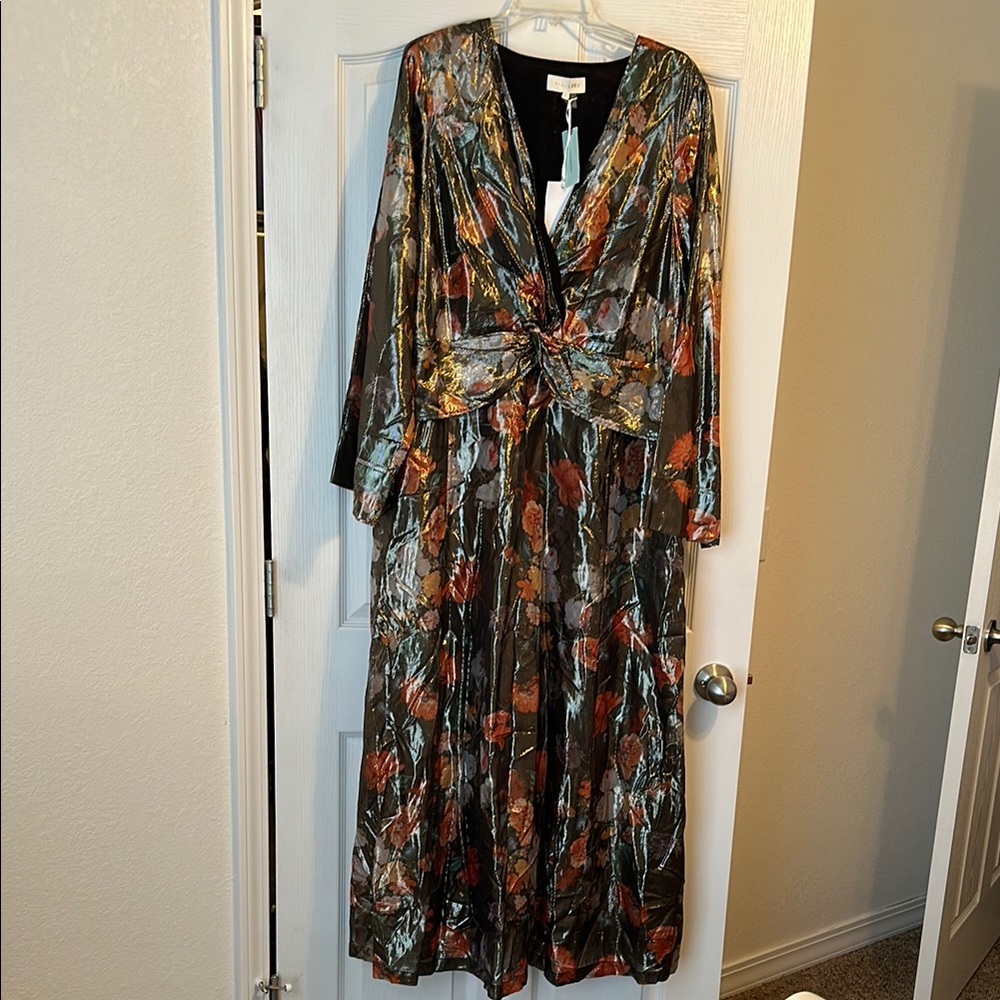 Anthropologie Floral Metallic Maxi Dress in Olive and Red - Picture 4 of 10